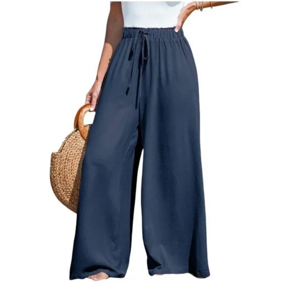 Cupshe Summer Lovin' Drawstring Wide Leg High Rise Coverup Pants Blue Sz Medium